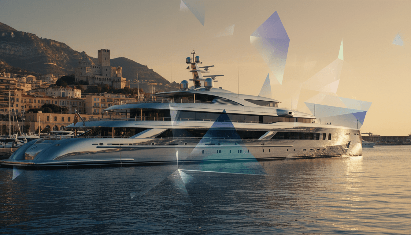 Large white multi-deck superyacht moored at harbor with historic stone fortress on rocky promontory and hillside buildings behind.