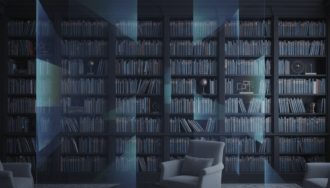 Dark floor-to-ceiling bookshelf packed with books, globe, sculptures, three grey armchairs, teal and blue triangular light beams overlaid.
