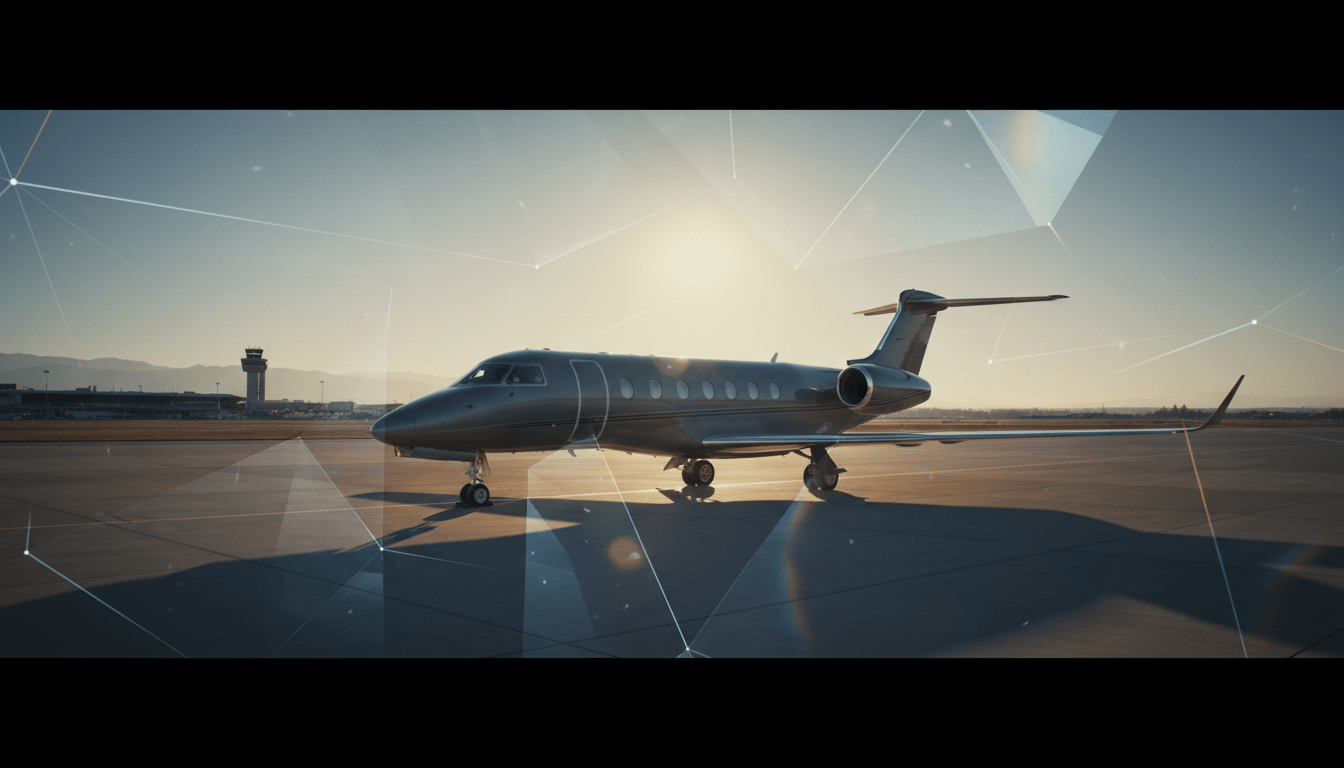 Dark charcoal gray business jet with rear engines and T-tail on sunny tarmac, ATC tower and mountains behind, white network overlay.