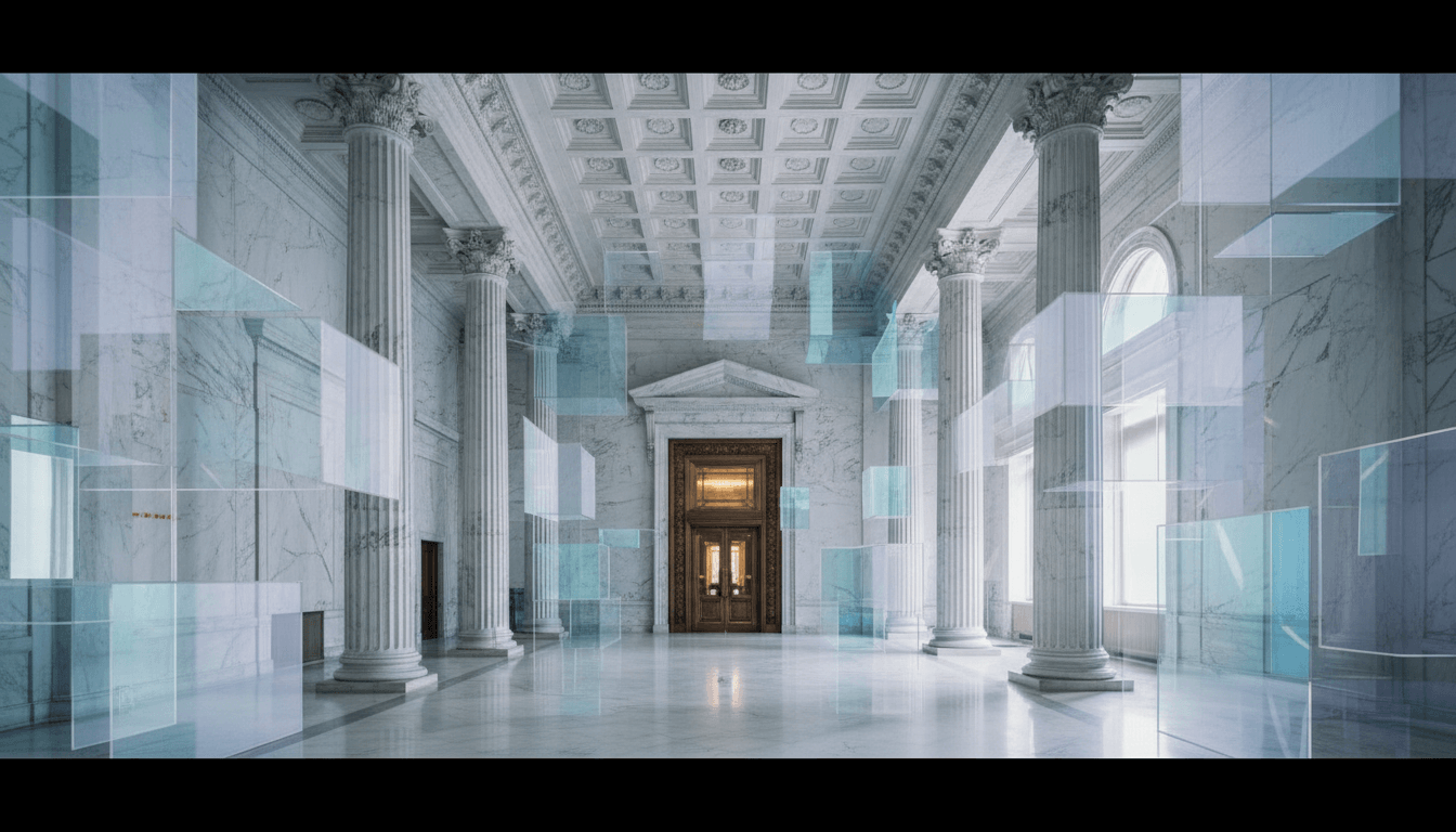 Neoclassical hall with rows of Corinthian marble columns flanking a central axis leading to carved double doors under a triangular pediment.