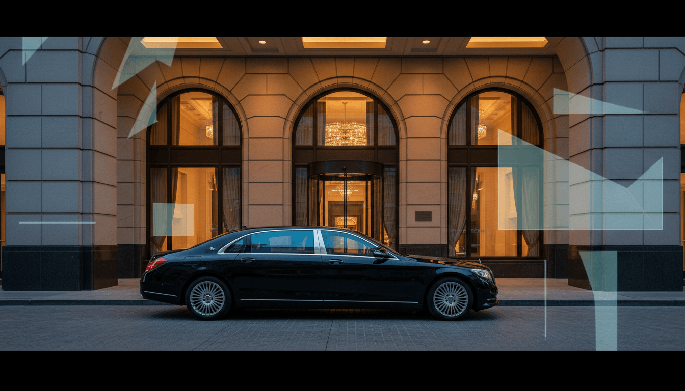 Black extended-wheelbase sedan parked in profile before a neoclassical stone building with arched windows and amber chandelier light at dusk.