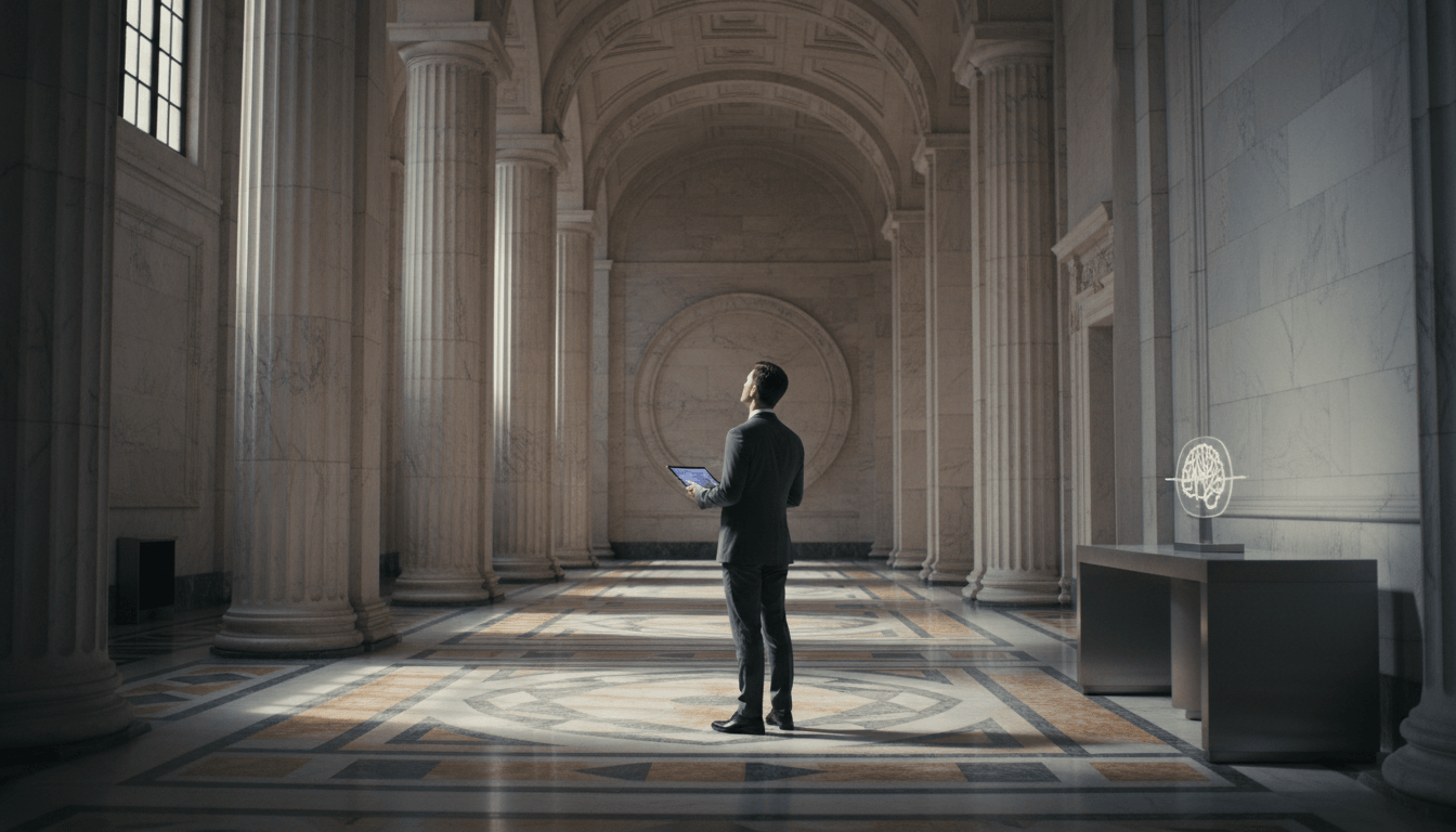 Person in dark suit holds tablet in vast neoclassical hall with fluted columns, vaulted ceiling, mosaic floor, and glowing network sculpture.