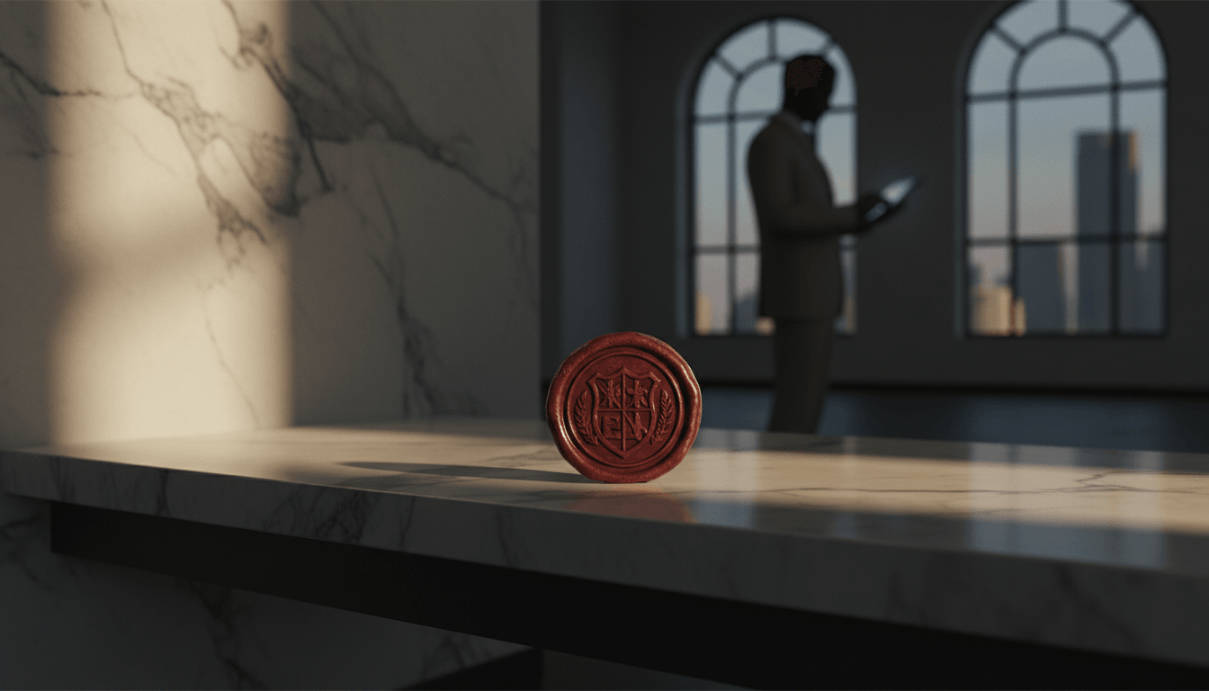 Red wax seal with heraldic embossing on marble; silhouetted man holds glowing tablet by arched windows at golden dusk.