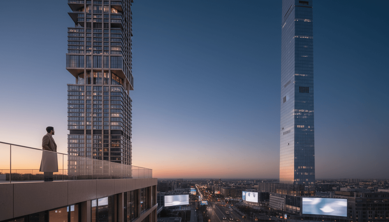 Adult in tan coat on glass-railed rooftop terrace at twilight, overlooking a city boulevard flanked by two towers under a deep blue dusk sky.