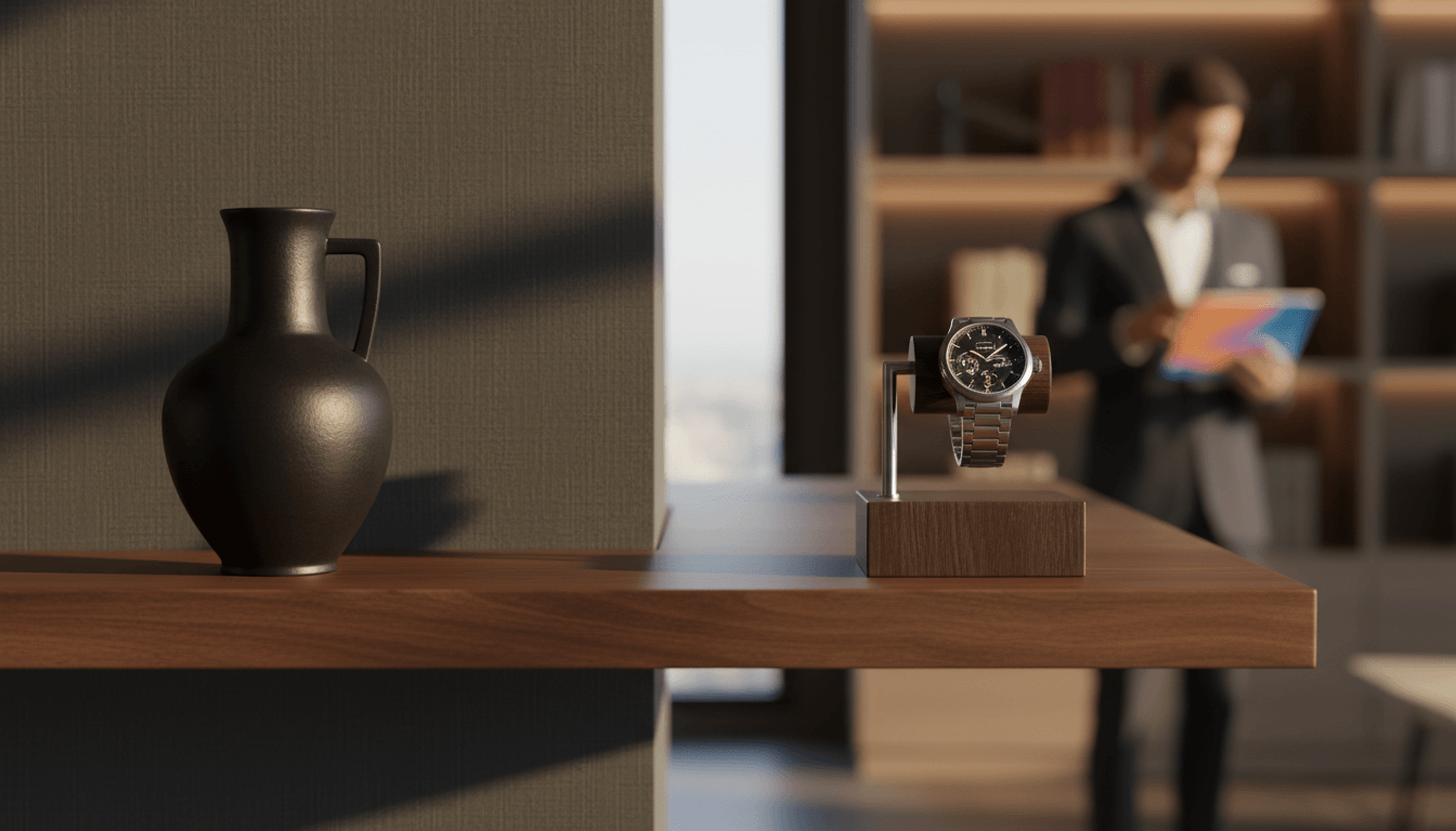 CGI chronograph wristwatch with dark dial and metal bracelet on a walnut wooden stand beside a dark matte ceramic jug.