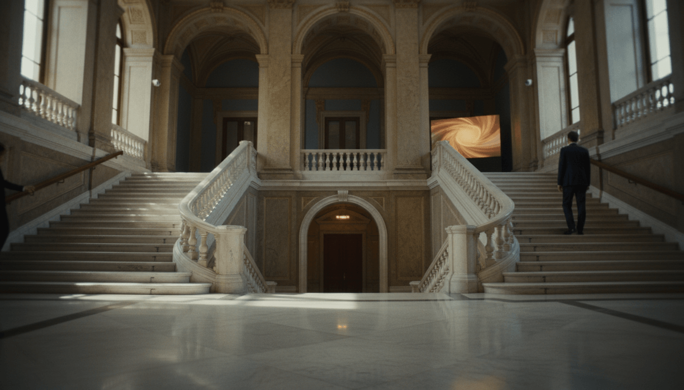 Man in dark navy suit ascending right side of symmetrical double marble staircase in neoclassical hall with golden spiral vortex on upper screen.