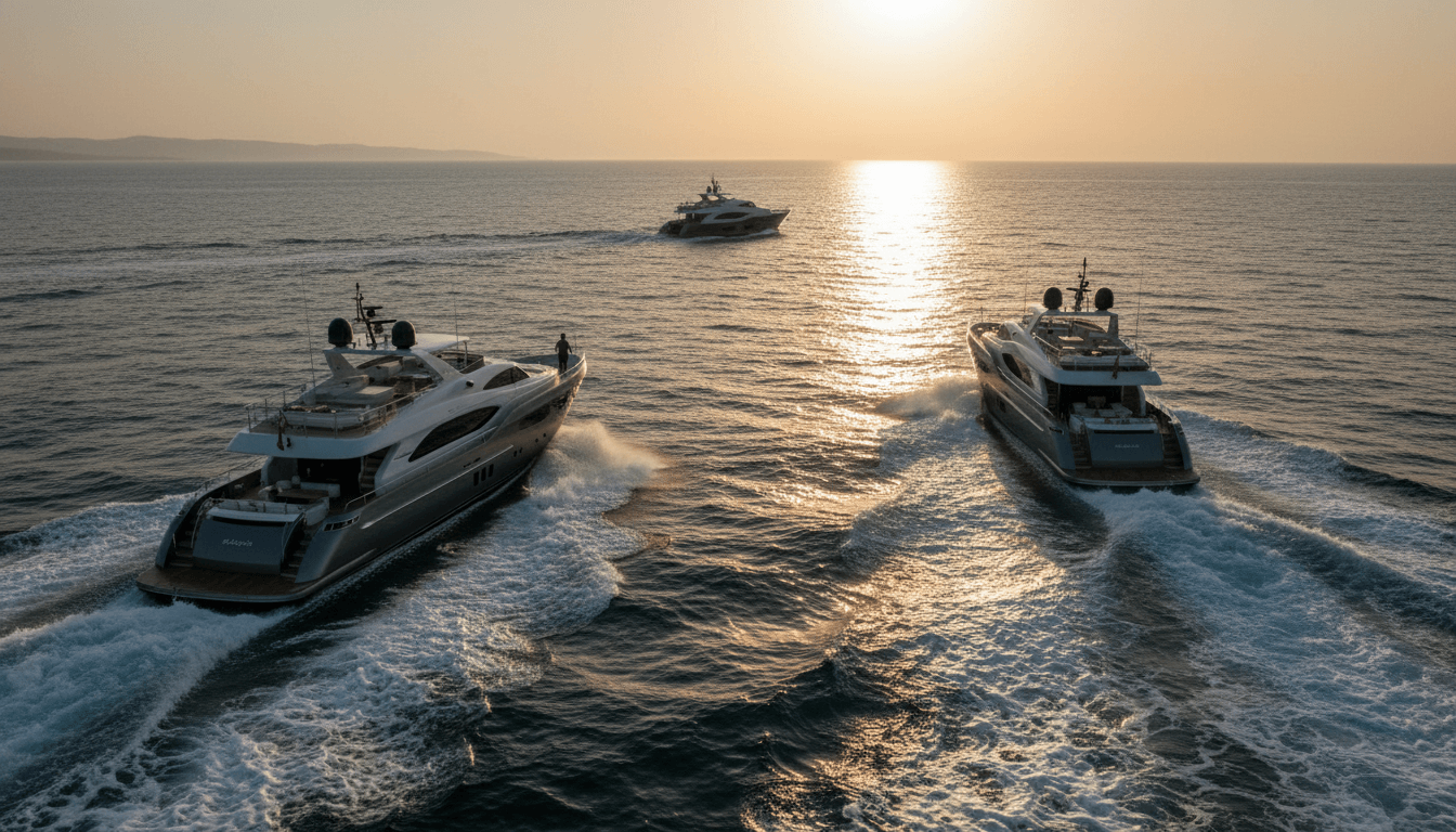 Three large multi-deck motor yachts on open water toward a golden horizon, with one figure standing on the left yacht's flybridge.