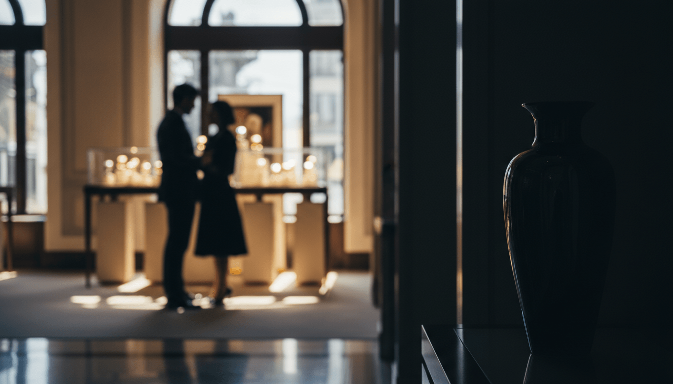 Two silhouetted figures stand in bright arched interior with illuminated display cases, polished floors, and sculpture on pedestal.