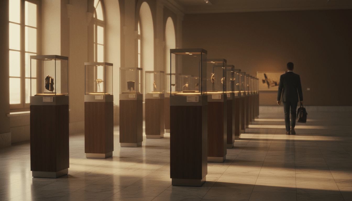 Museum hall: glass cases on wooden pedestals in one-point perspective, lone suited figure walking away, arched windows casting diagonal shadows.