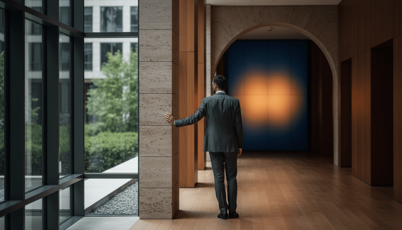 Man in dark grey suit walks away through wood-paneled corridor with travertine pillar and glass windows overlooking a courtyard.