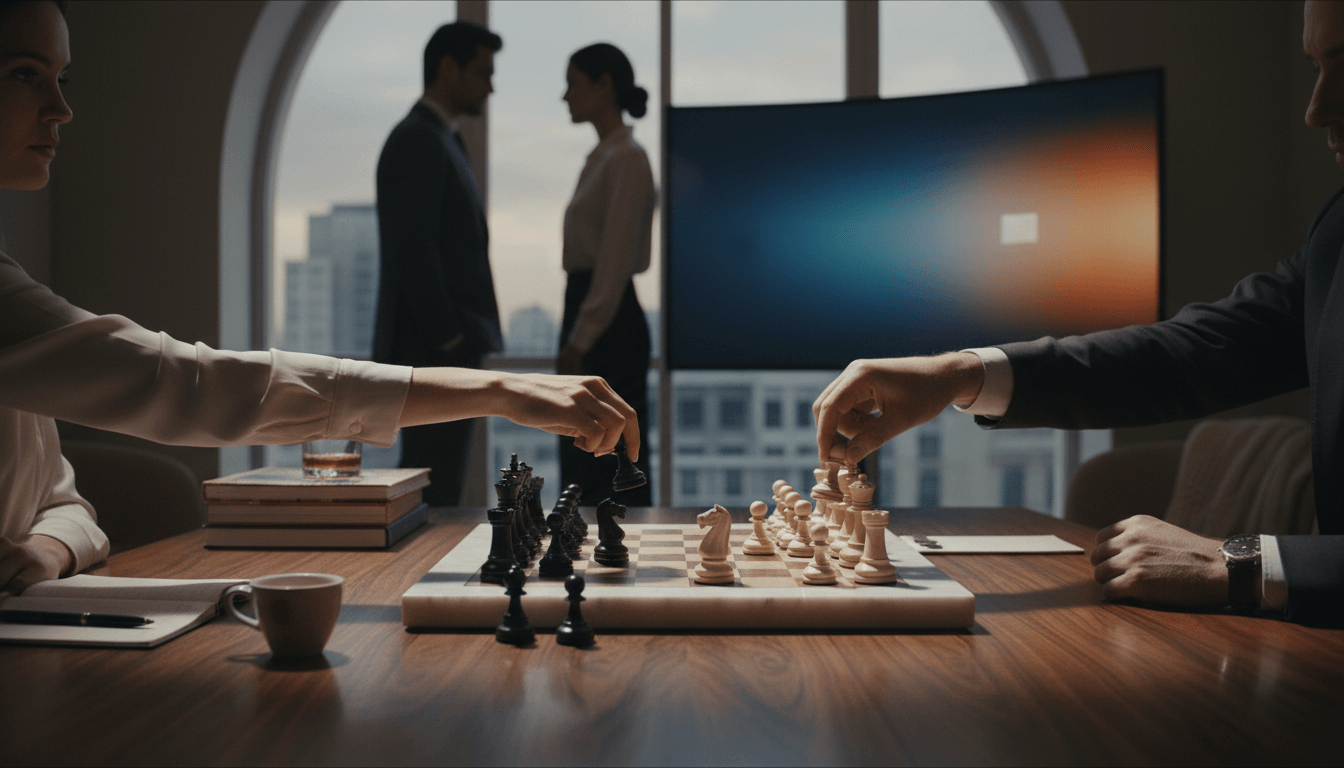 Marble chess board on wooden conference table with two people reaching from opposite sides; city skyline at dusk visible through arched windows.