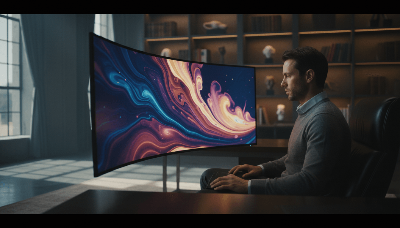 Man in grey sweater sits at dark wooden desk gazing at curved ultrawide monitor displaying swirling magenta and orange abstract art.