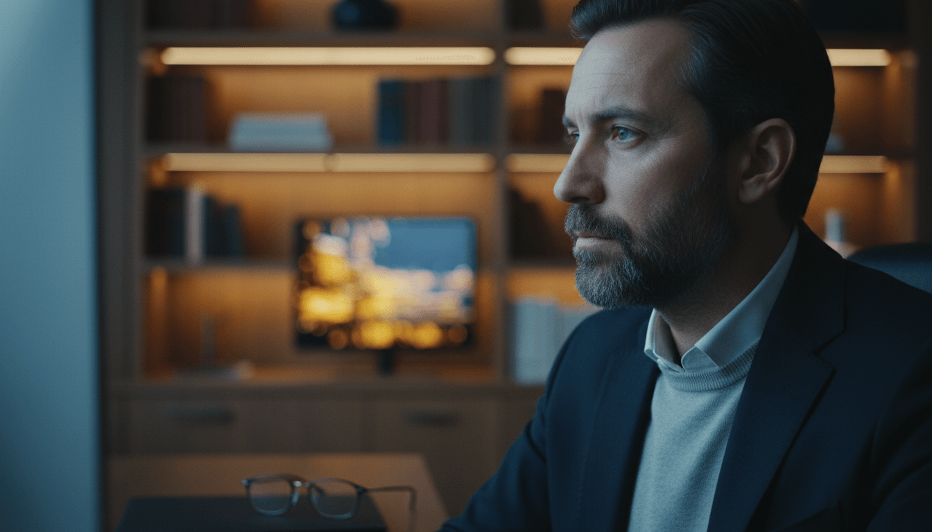 Man with salt-and-pepper hair and beard, dark navy jacket, gazing left in dimly lit study with wooden shelving and warm amber lighting.