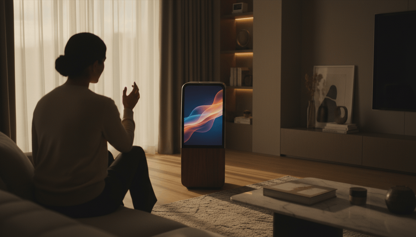 Adult sitting cross-legged on a sofa, hand raised toward a tall freestanding smart display showing a gradient wave, in a living room.