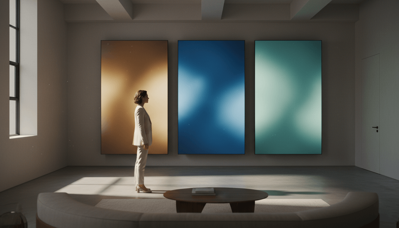 Woman in cream blazer stands in profile before three large abstract canvases in amber, cobalt blue, and teal in a gallery.