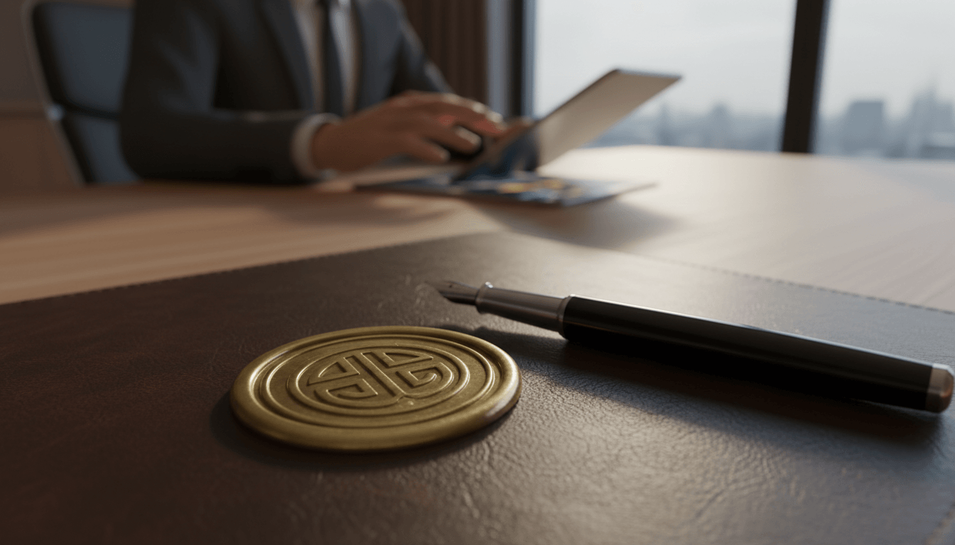 Gold embossed medallion and black fountain pen with silver trim on dark brown leather desk, blurred suited figure handling documents behind.