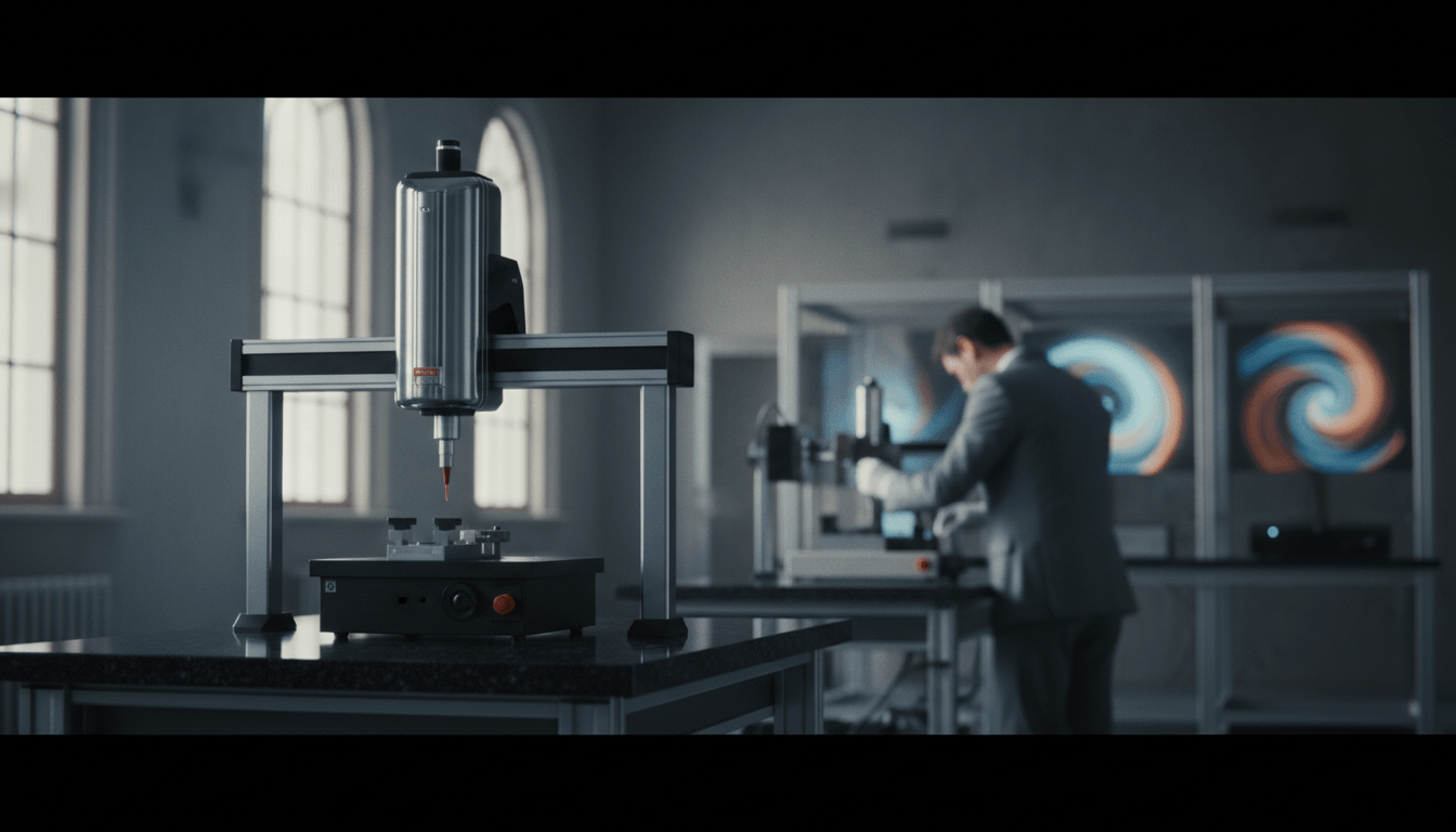 Precision machine with red-tipped probe; man in dark suit leans over row of machines; wall screens show blue-orange spirals.