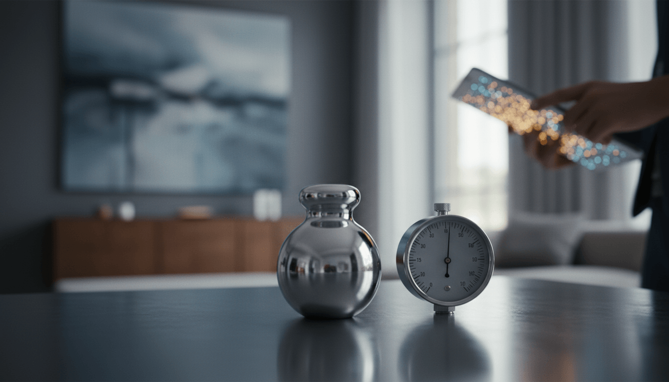 Polished chrome spherical vase and circular gauge with white dial on a dark table, blurred interior behind.