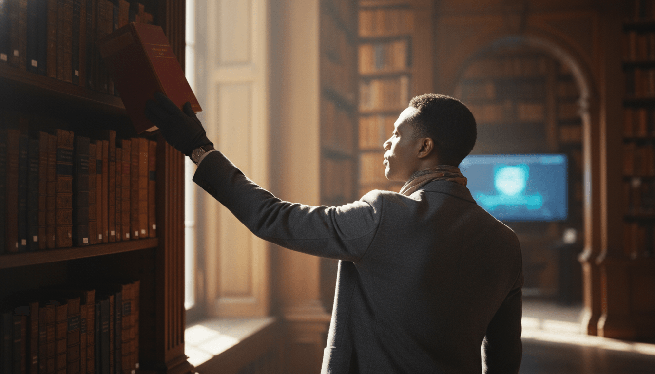 Man in grey blazer and scarf reaches up to pull a red book from a high shelf in a grand classical library with tall wooden bookshelves.