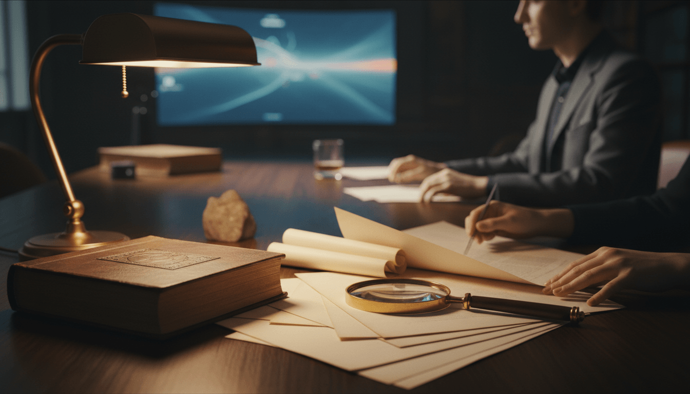 Dimly lit desk with parchment, scrolls, brass lamp, magnifying glass, leather book; glowing screen emits blue and orange light.