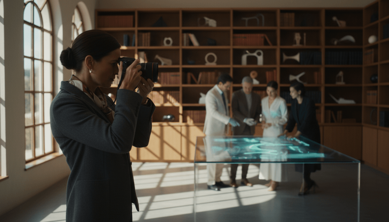 Woman in grey blazer holds DSLR camera; behind her, people surround a glowing cyan table in a classical library interior.