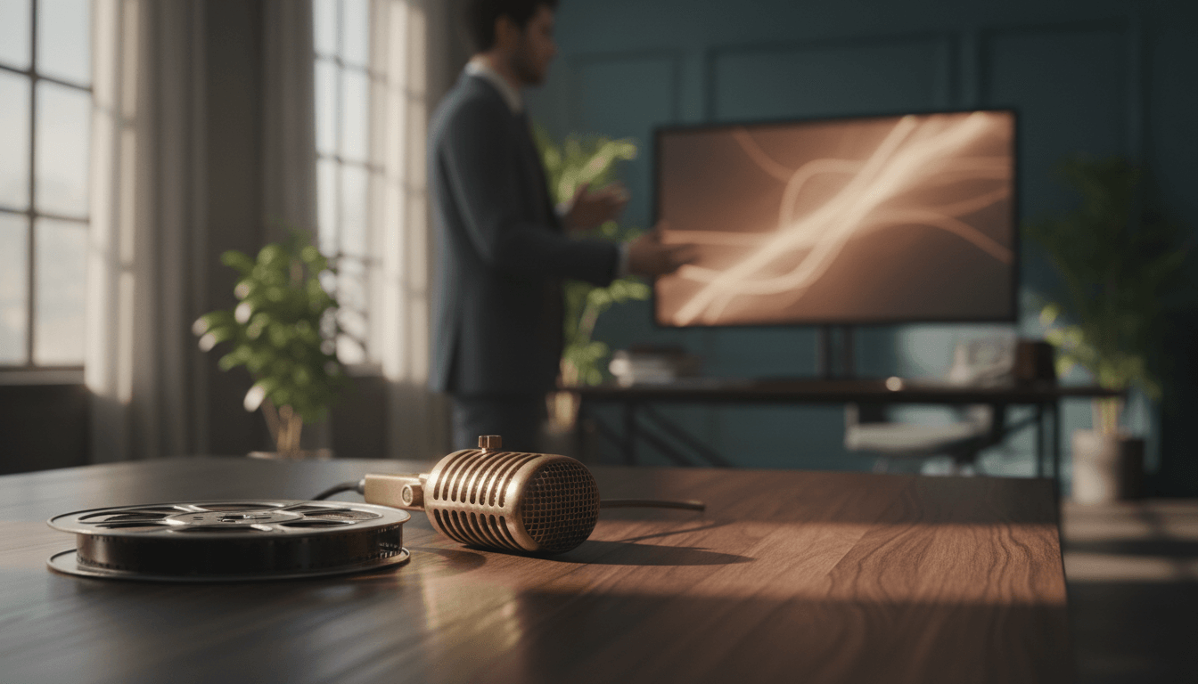 Gold vintage condenser microphone and black film reel on dark walnut table, with blurred figure gesturing at monitor showing flowing light.