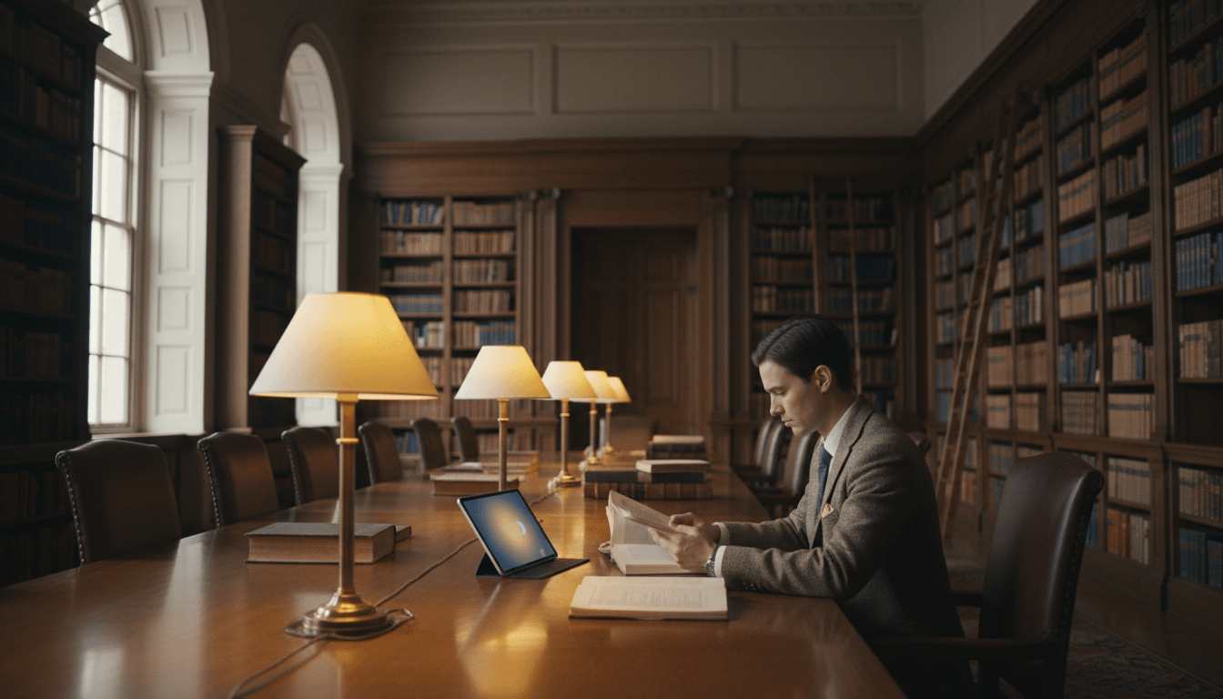 Dark-haired man in herringbone blazer and tie reads an open book at a polished table in a grand library with floor-to-ceiling shelves.