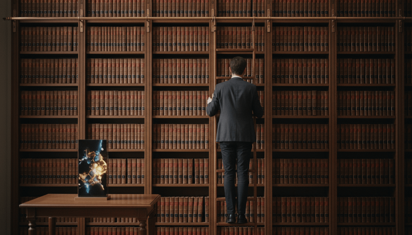 Person in dark navy suit reaching toward tall wooden bookshelf packed with uniformly bound volumes; brass sliding ladder rails at top.