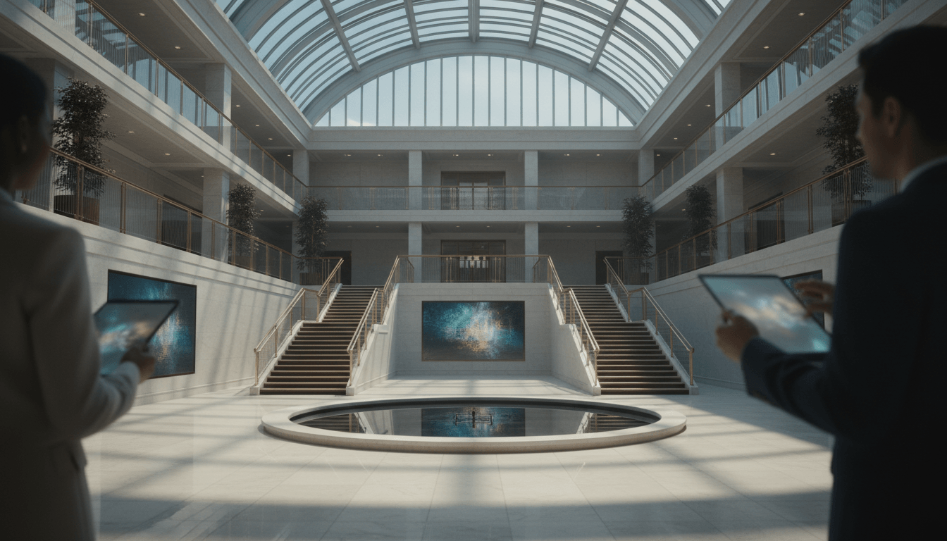 CGI atrium with circular sunken pool, gold-railed staircase, cream surfaces, glass barrel-vault ceiling, and two figures holding tablets.