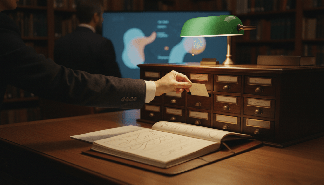 Arm pulls index card from wood card catalog; open book, green banker's lamp nearby; figure faces glowing screen with blob graphics.