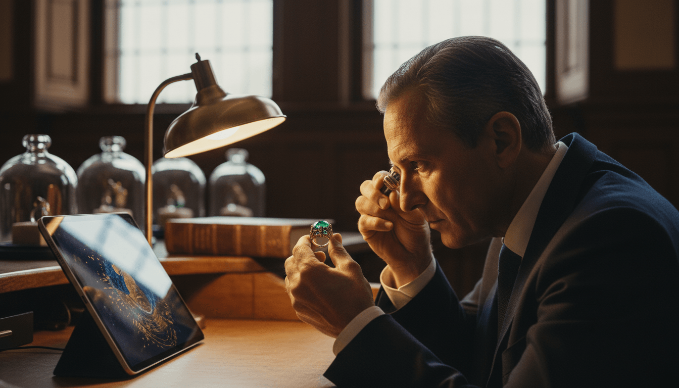 Man in navy suit examines a gold ring with green gemstone through a jeweler's loupe under a brass lamp at a wooden desk.