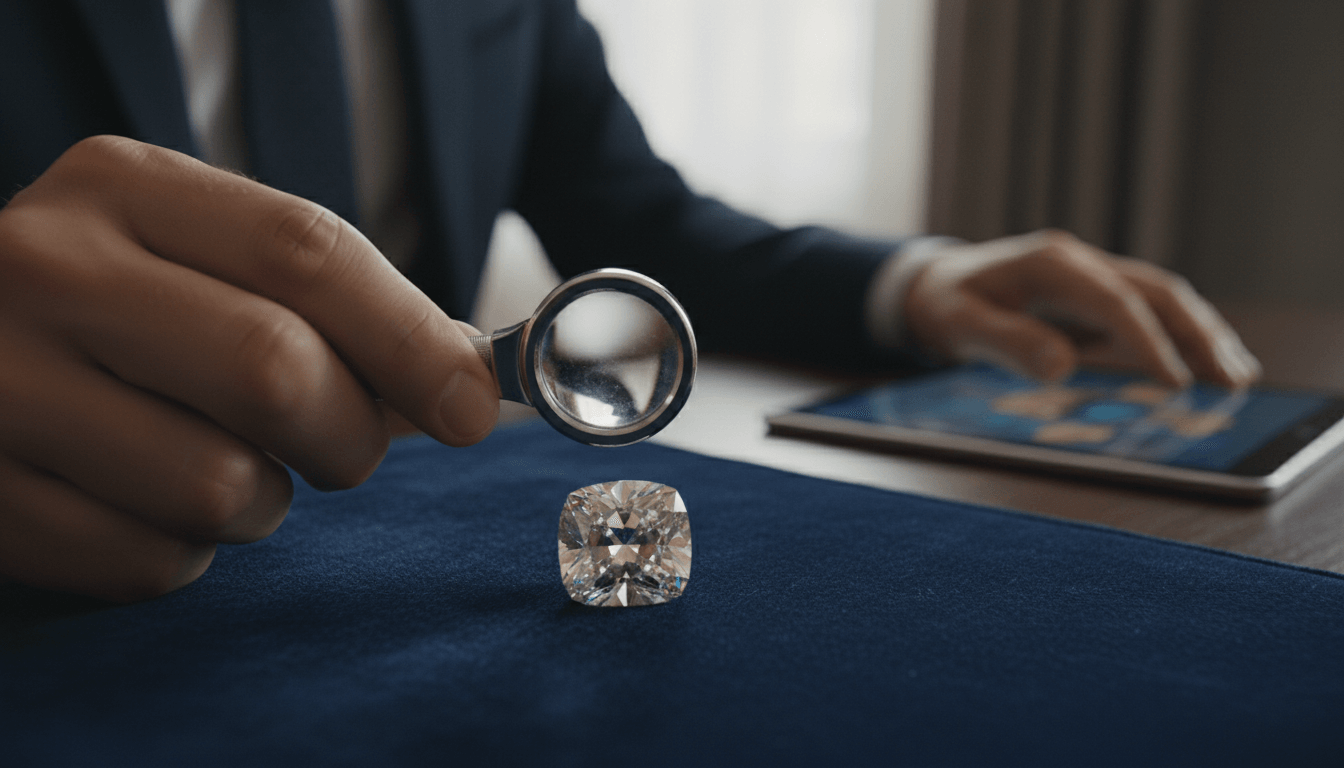 Cushion-cut loose diamond on dark navy velvet, with a person in a navy suit holding a silver jeweler's loupe above it.