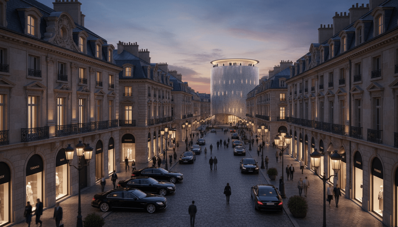 Symmetrical cobblestone boulevard with neoclassical limestone buildings flanking a glass cylindrical tower at the vanishing point, dusk sky.