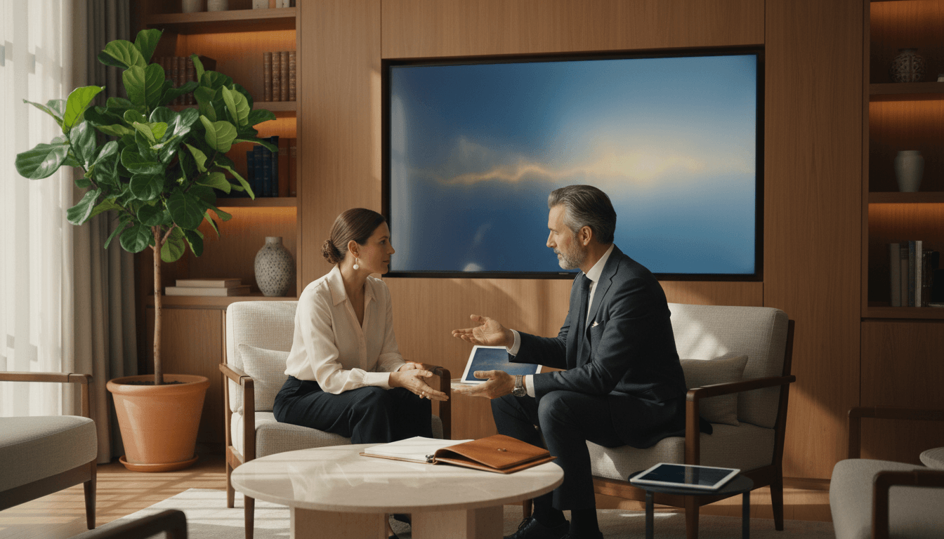 Woman in cream blouse leans forward in grey armchair; man in navy suit holds tablet and gestures across a marble coffee table.