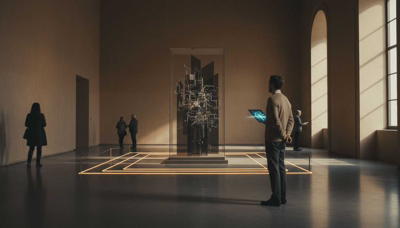 Dark metallic circuit sculpture in glass vitrine on pedestal; amber LED floor strips, arched windows, five figures, man holds tablet.