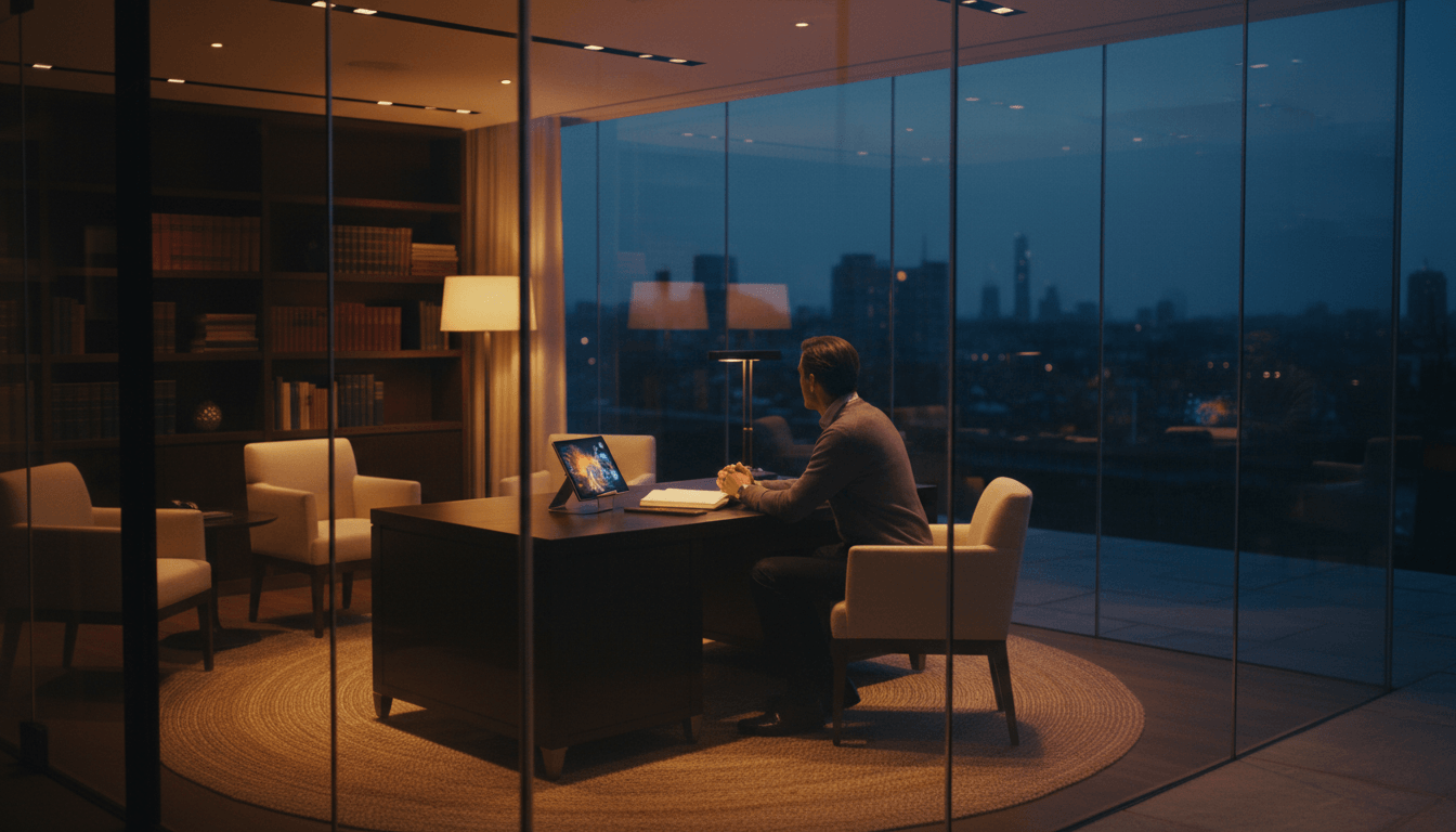 Person in grey cardigan sits back-to-viewer at dark desk in glass-walled office at night, notebook and glowing tablet nearby.