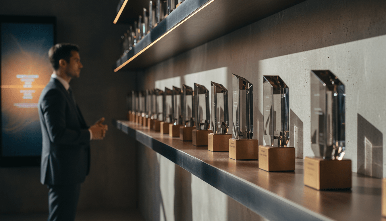 Man in navy suit gesturing toward crystal trophies with geometric tops on gold bases on a lit metal shelf.