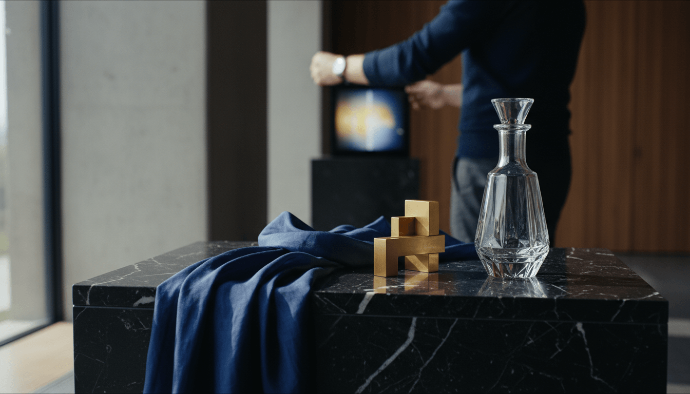 Crystal decanter and gold geometric sculpture on black marble with navy fabric; person reaching toward illuminated pedestal behind.