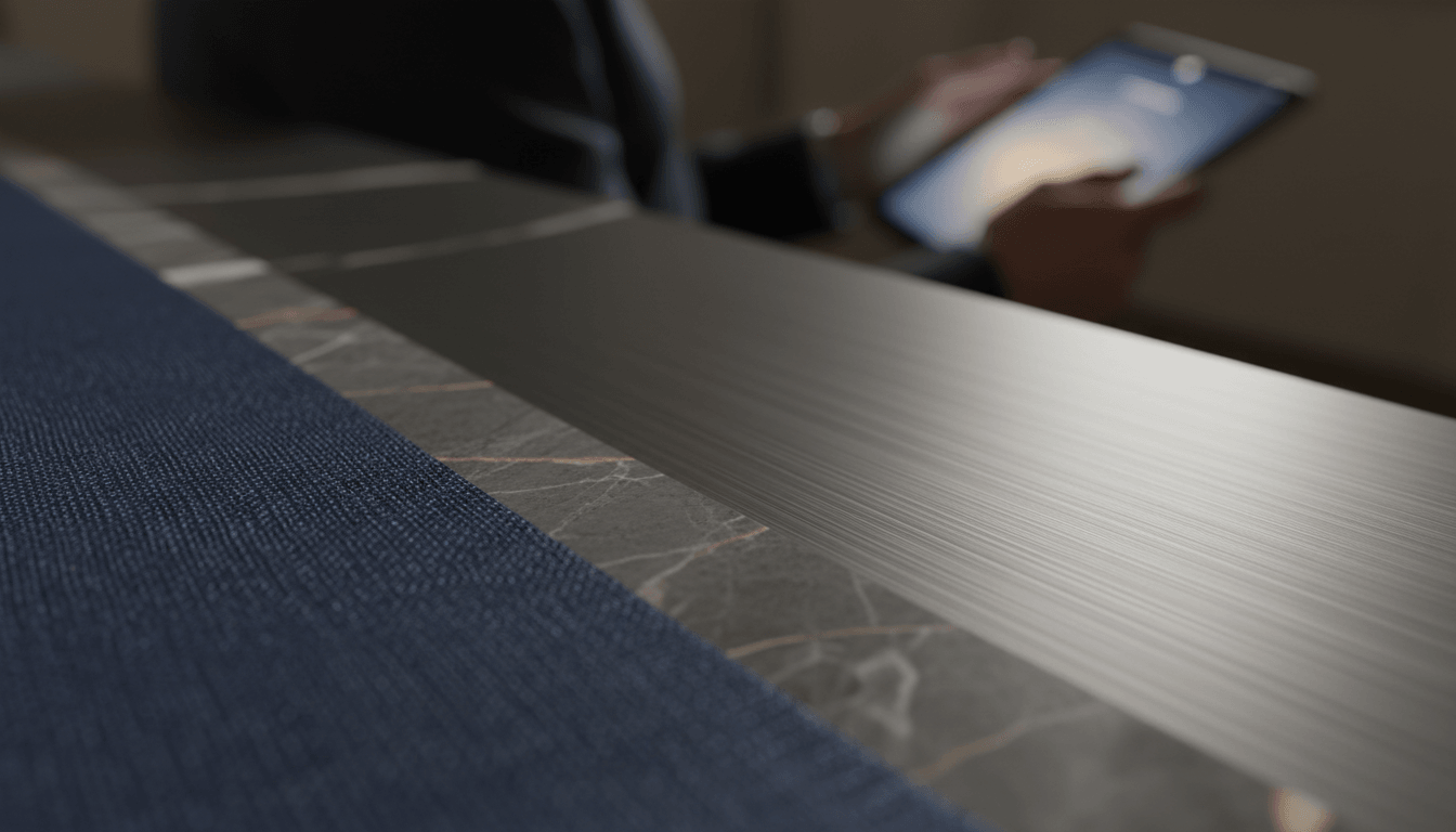 Brushed gunmetal surface with dark stone inlay strip showing gold and amber veining, next to navy blue woven fabric panel.