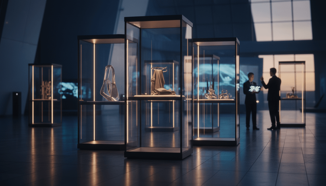 Glass-and-metal vitrines with abstract sculptures on dark tile, amber LED lighting, two dark-suited figures conversing at far right.