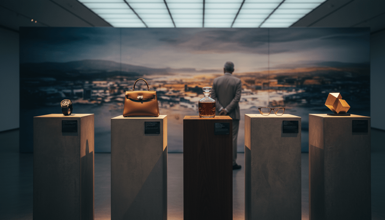 Five pedestals with watch, handbag, decanter, eyeglasses, brass sculpture; person in gray suit faces golden-hour cityscape mural.