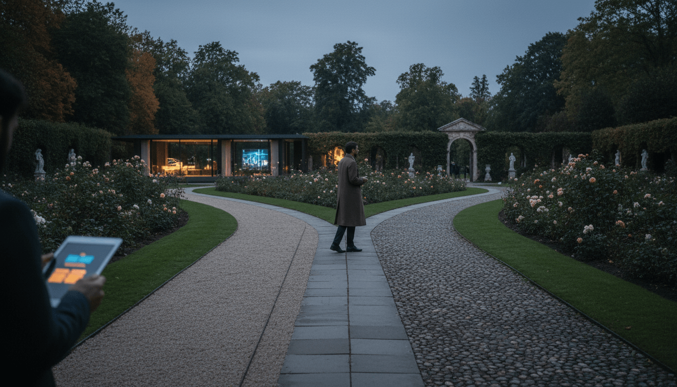 Formal garden at dusk: stone arch leads to lit glass pavilion; person walks central path, another holds glowing tablet.