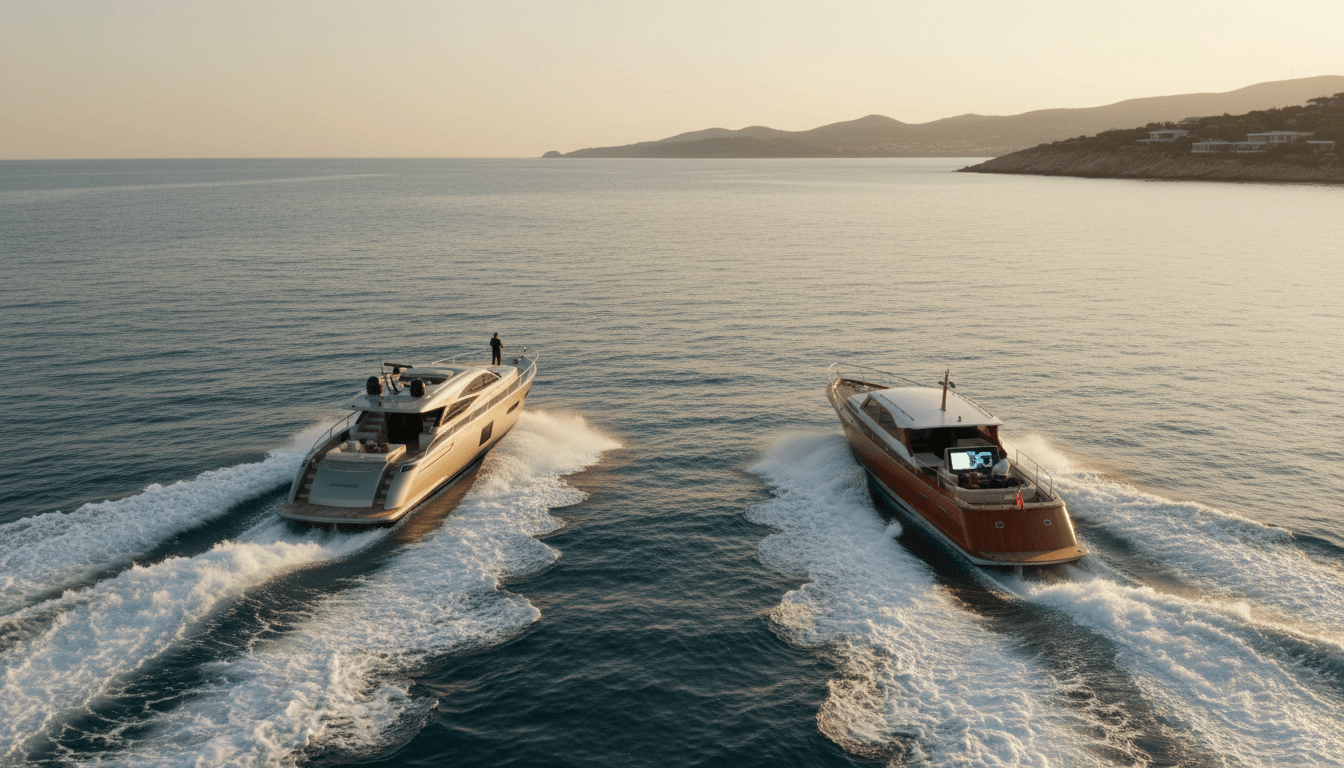 Two motorboats side by side on calm blue water: silver-white multi-deck yacht left, classic mahogany motorboat right.