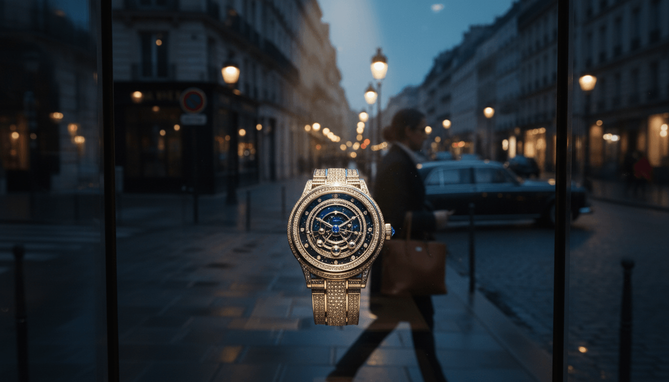 Diamond-and-gold wristwatch with navy blue dial featuring a celestial armillary sphere motif displayed in a glass storefront window.