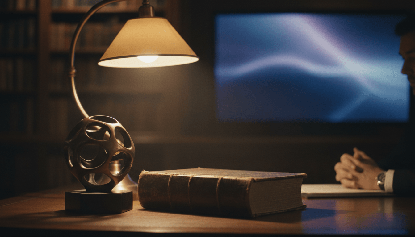 Wooden desk with brass lamp, worn leather-bound book, and metallic sphere sculpture; blurred monitor and bookshelves behind.