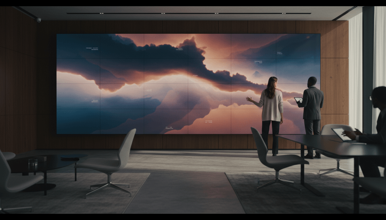 Woman in cream sweater gestures at tiled video wall showing teal, coral, and amber cloudscape; man in dark jacket holds tablet beside her.