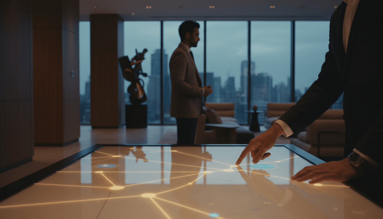 Glowing touch-screen table with amber and cyan network diagram; dark-suited hand interacts; man in gray blazer by city skyline windows at dusk.