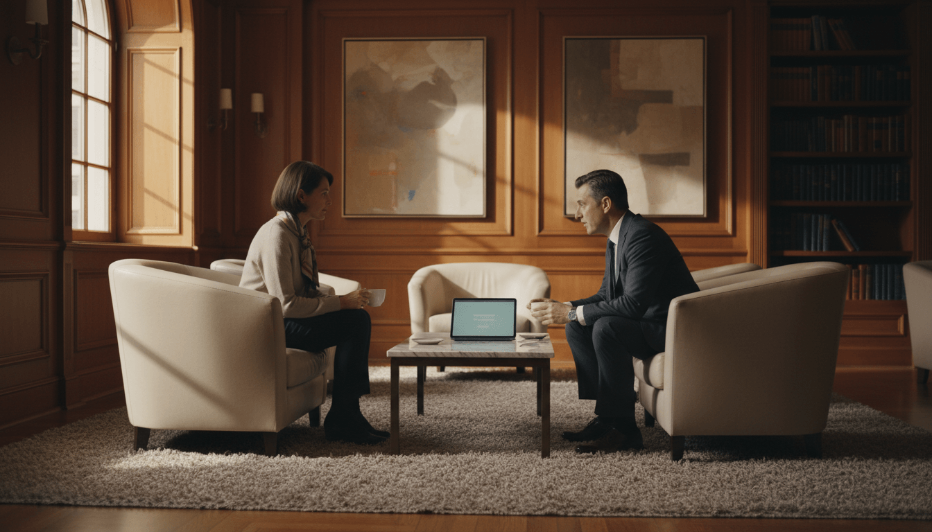 Woman in cream sweater holding white cup in armchair faces man in navy suit leaning forward, laptop on marble coffee table between them.