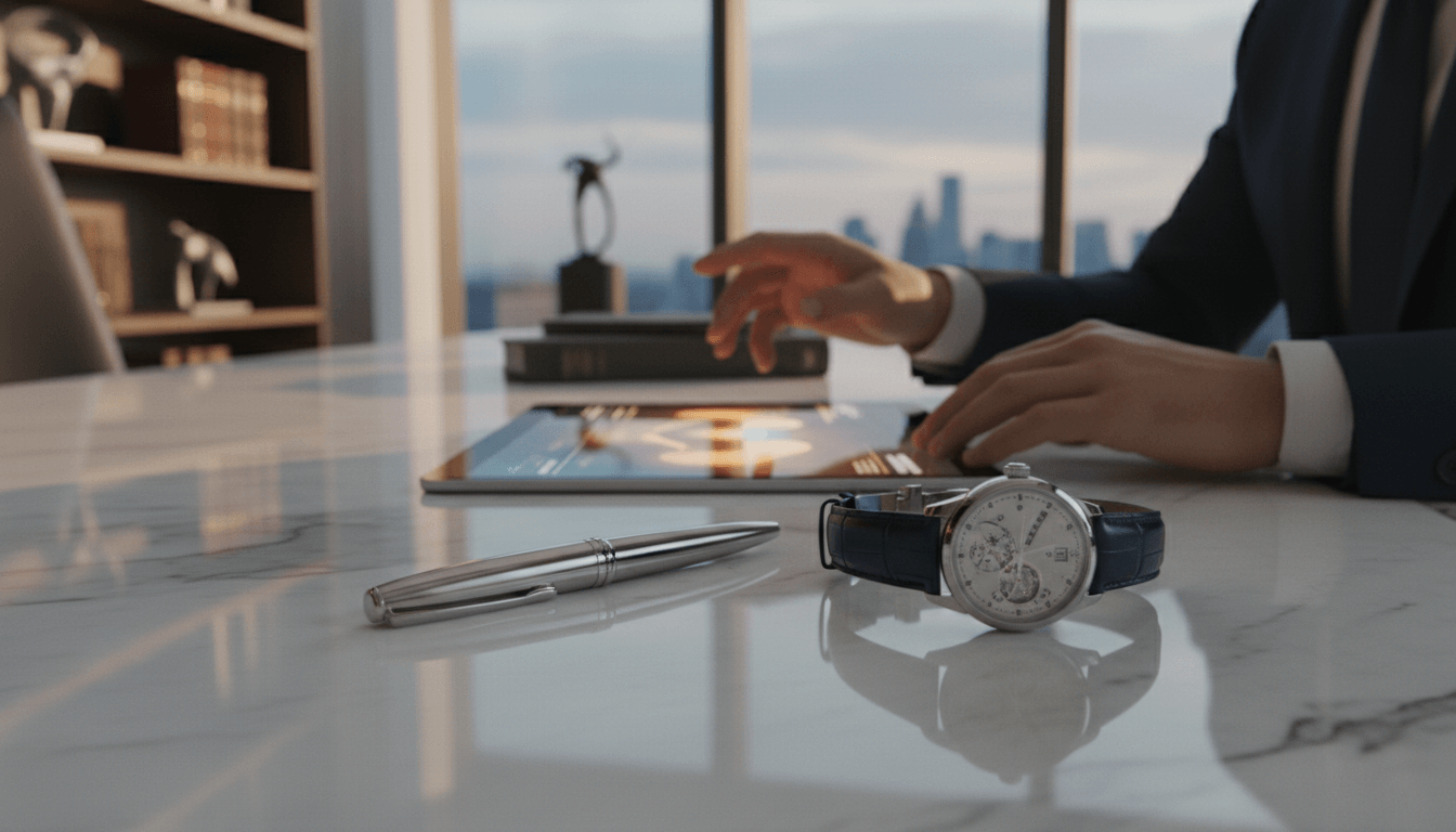 White-dial chronograph wristwatch with navy leather strap and silver ballpoint pen on polished white marble.