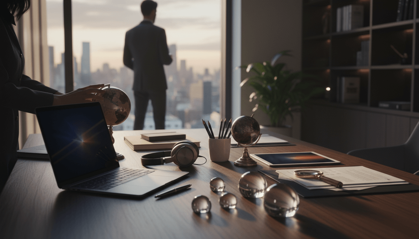 Dark wood executive desk with laptop, headphones, globes; figure at desk, another in dark suit at amber-glowing city windows.